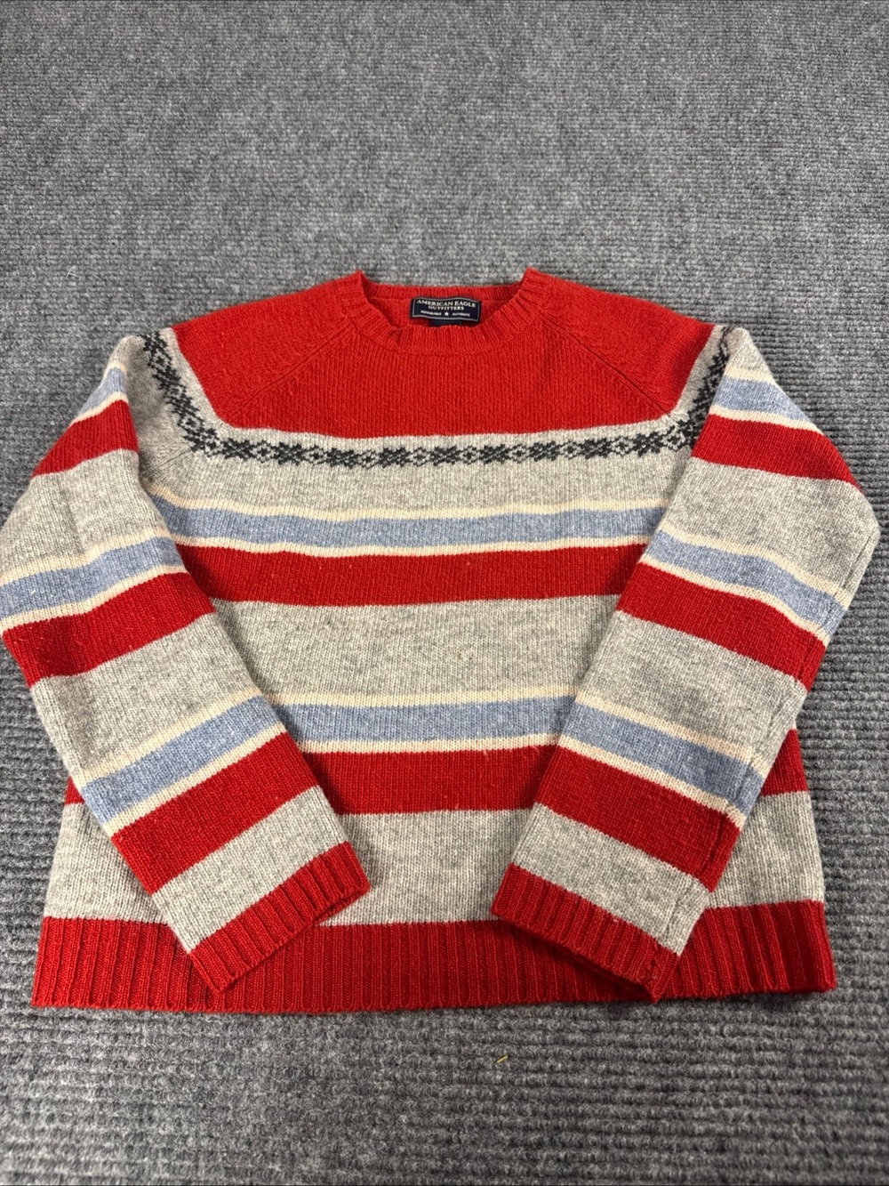 Vintage American Eagle Lambs Wool Sweater Striped Fair Isle Women S Red Blue 90s - Picture 2 of 7